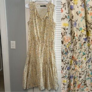 Lauren Ralph Lauren Cream Floral Midi Dress Plus Size 14 Smocked Waist Cotton